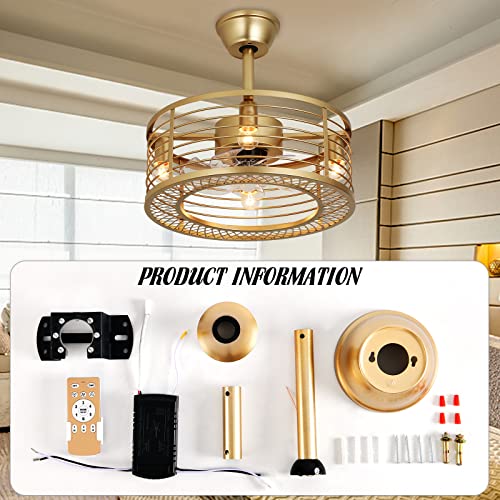 Warmyou Caged Ceiling Fans With Lights, Gold Ceiling Fan With Light And Remote, 6-Speed Reversible Motor With Timer, 18" Bladeless Ceiling Fans With Lights Low Noise For Bedroom Living Room #TOP6