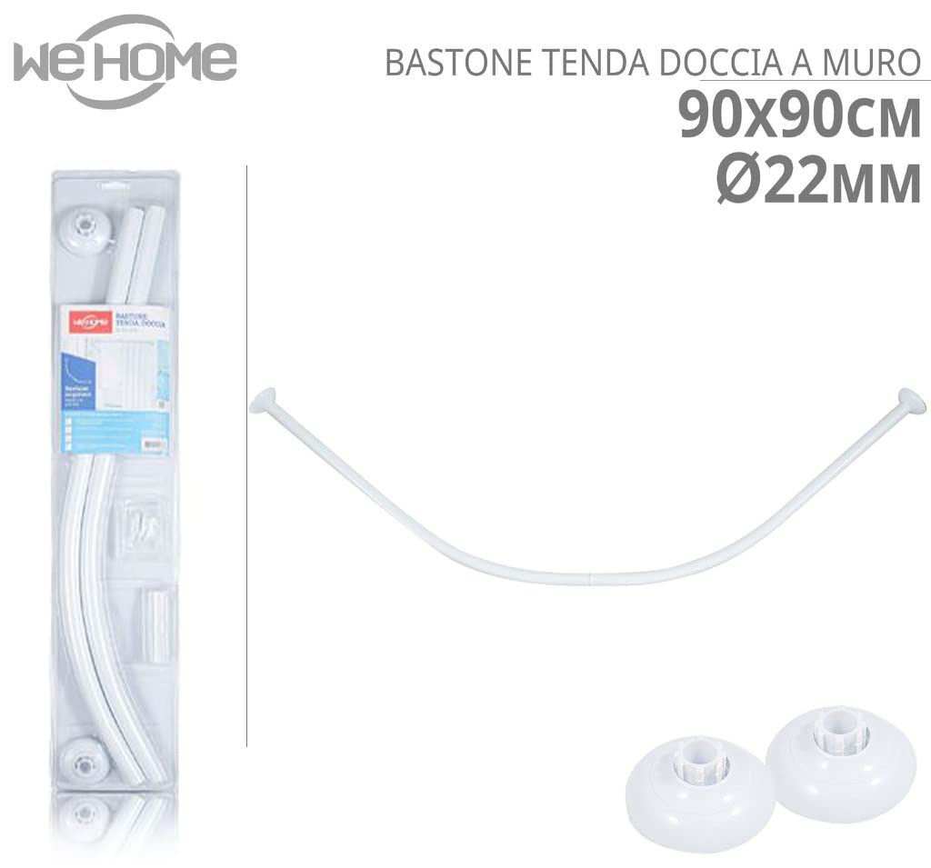 Asta per Tenda da Doccia a Forma di C, angolare 90x90 cm, Spessore 22mm, in Metallo Verniciato Bianco, Fissaggio a Parete, per Bagno, camerino, spogliatoio