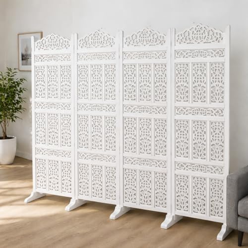 Image of Home & Goods International Wooden Room Divider Partition - Foldable Wood Screen Separator for Living Room, Bedroom, Office, Restaurant - Kangra Badrun, White (4 Panel with Stand)