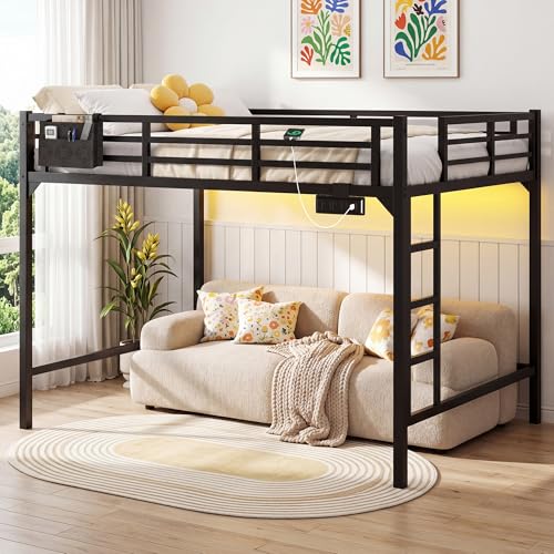 Queen Size Loft Bed with Charging Station & LED Lights Heavy Duty Metal Bed Frame with Storage Pocket Ladder and Guardrail Reinforced Queen Size Loft Bed Space-Saving for Adults Guest Room Dorm Black