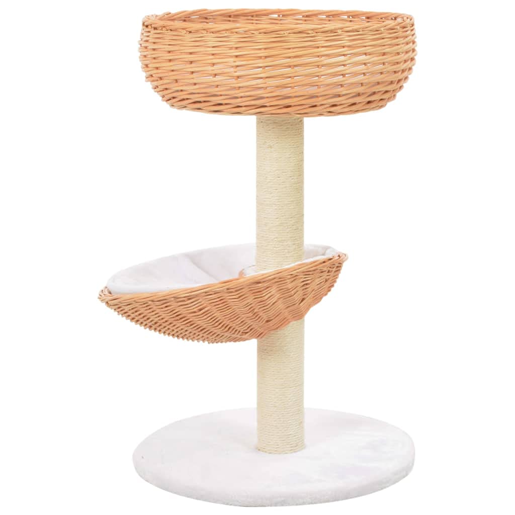 Kratzbaum Naturholz mit 2 Weidenkörben Katzenkratzbaum 68 cm | Kompakter Katzenkratzbaum aus Weide und Sisal für das Wohnzimmer, inklusive 2 Liegekörben und Kissen.