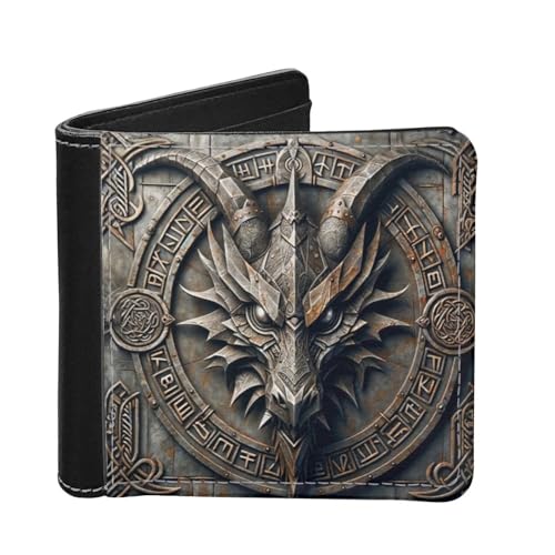 LedBack Carteira masculina fina de couro PU com duas dobras e porta-cartão de crédito, Ovelha Viking