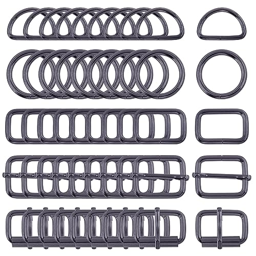 Swpeet 50Pcs 5 Style Metal Buckles, Metal Roller Buckles, Metal Adjustable Slide Buckles, D Ring, Circular Ring, Square Ring, Gun-black