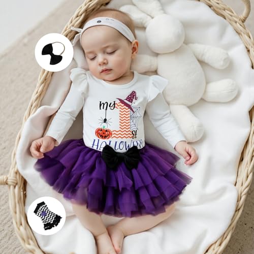 My 1st Halloween Baby Girl Outfit Ruffle Long Sleeve Romper Tulle Tutu Skirt Headband Leg Warmer Clothes Set2