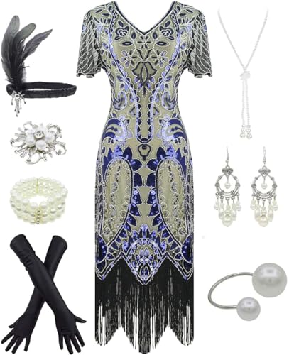 Image of Women 1920s Gatsby Vintage Sequin Flapper Fringe Party Plus Dress with 20s Accessories Set