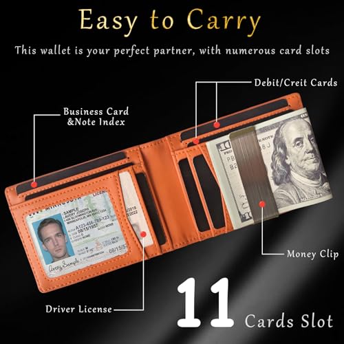 RFID Wallet for Men with Money Clip-Slim Front Pocket Design Ridge Men's Wallet Thin Card Holder holds 11 Cards and Cash ID Window includes Gift Box(Black Orange)3
