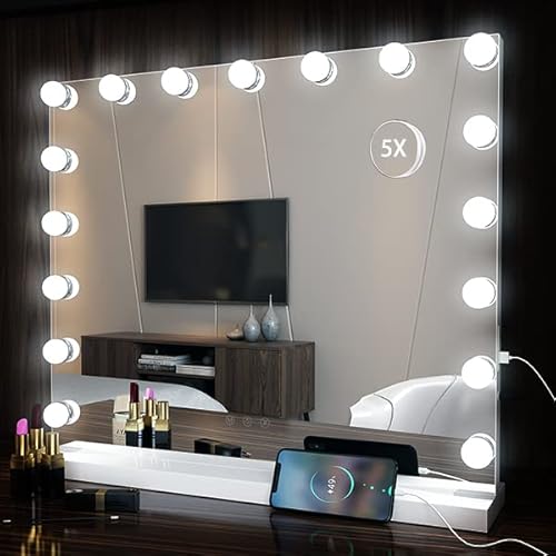HIEEY Vanity Mirror with Lights, Hollywood Lighted Mirror with 17 Dimmable LED Bulbs, Makeup Mirror with Lights, and 5X Magnification Mirror, 3 Colors Modes,Touch Control, Metal Frame,White