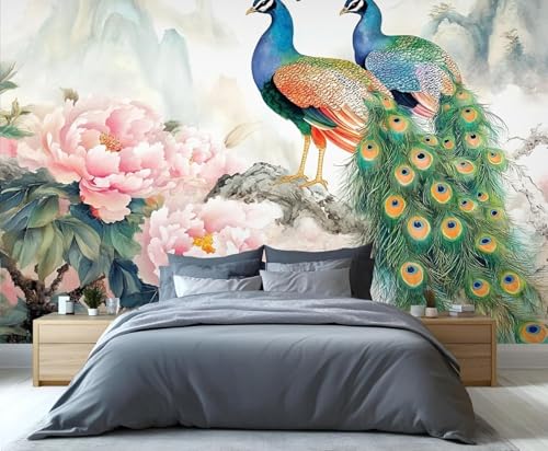 YueMingDi Papel Pintado 3D Sala De Estar Sofá Animal Pavo Real Flor Creativa Sala De Estar Sofá Tv Fondo De Pantalla-300Cm×210Cm