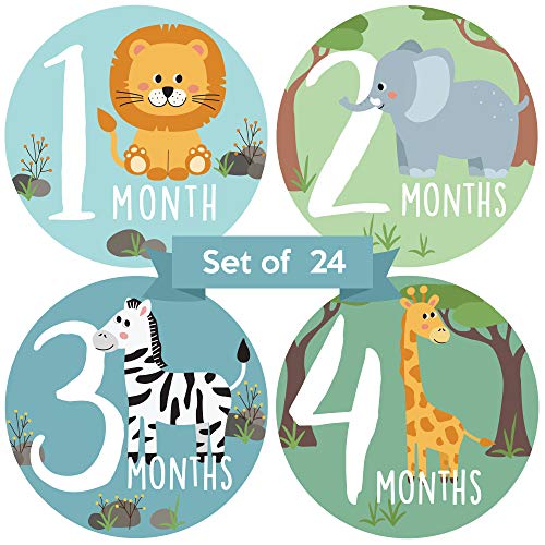 Image of Baby Monthly Stickers - Set of 24 - Zoo Animals Baby Milestone Stickers - Perfect for Newborn Boys or Girls - Month to Month Milestones - Jungle Safari Unisex Gender Neutral Design (Set of 24)