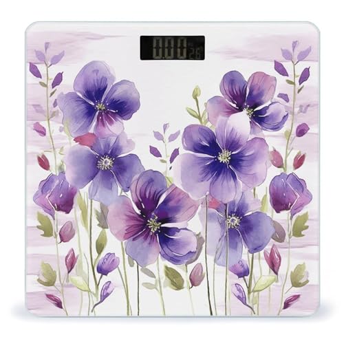 Báscula digital de baño con diseño flores moradas 26x26 cm
