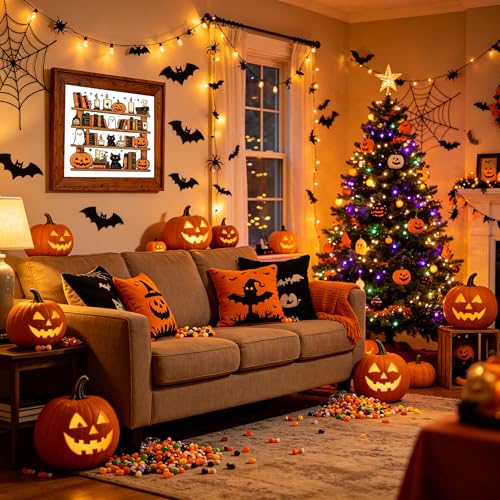Image of KYOQFVN Bookshelf Stamped Cross Stitch Kits for Adults Beginners - Halloween Counted Cross Stitch Kits - Halloween Embroidery Kits for Beginners Adults Arts Craft 14x14 inch