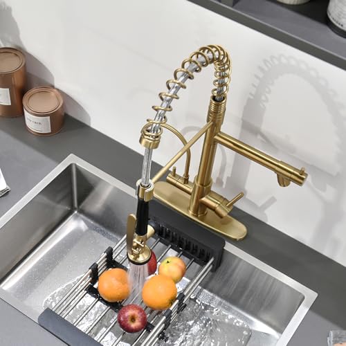 Image of Fapully Brushed Gold Commercial Kitchen Faucet with Pull Down Sprayer | Water Filter Spout,3 in 1 Kitchen Faucets with Drinking Water Faucet for 1 or 3 Holes Sink