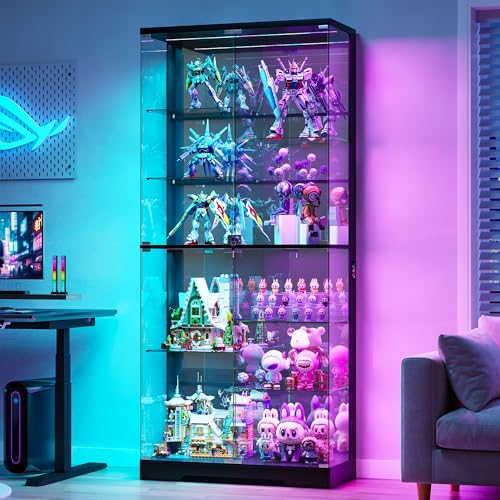 Gurexl 180cm Glass Display Cabinets with RBG Lights for Collectibles Black