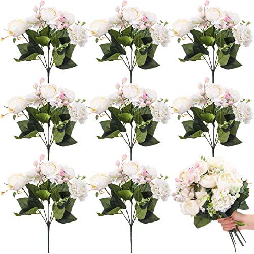 Crowye 8 Bouquets Wedding Silk Peony Hydrangea Flowers Vintage Artificial Flower With Stems Elegant Faux Flowers For Decoration For Diy Table Party Decor Centerpieces Home(White) #TOP4