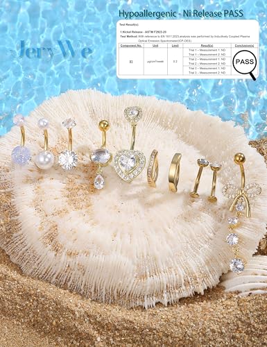 JeryWe Hypoallergenic Belly Button Ring Surgical Stainless Steel Dainty Dangle Navel Piercing Jewelry CZ Bow Heart Ball Pearl Clicker Piercings for Women2