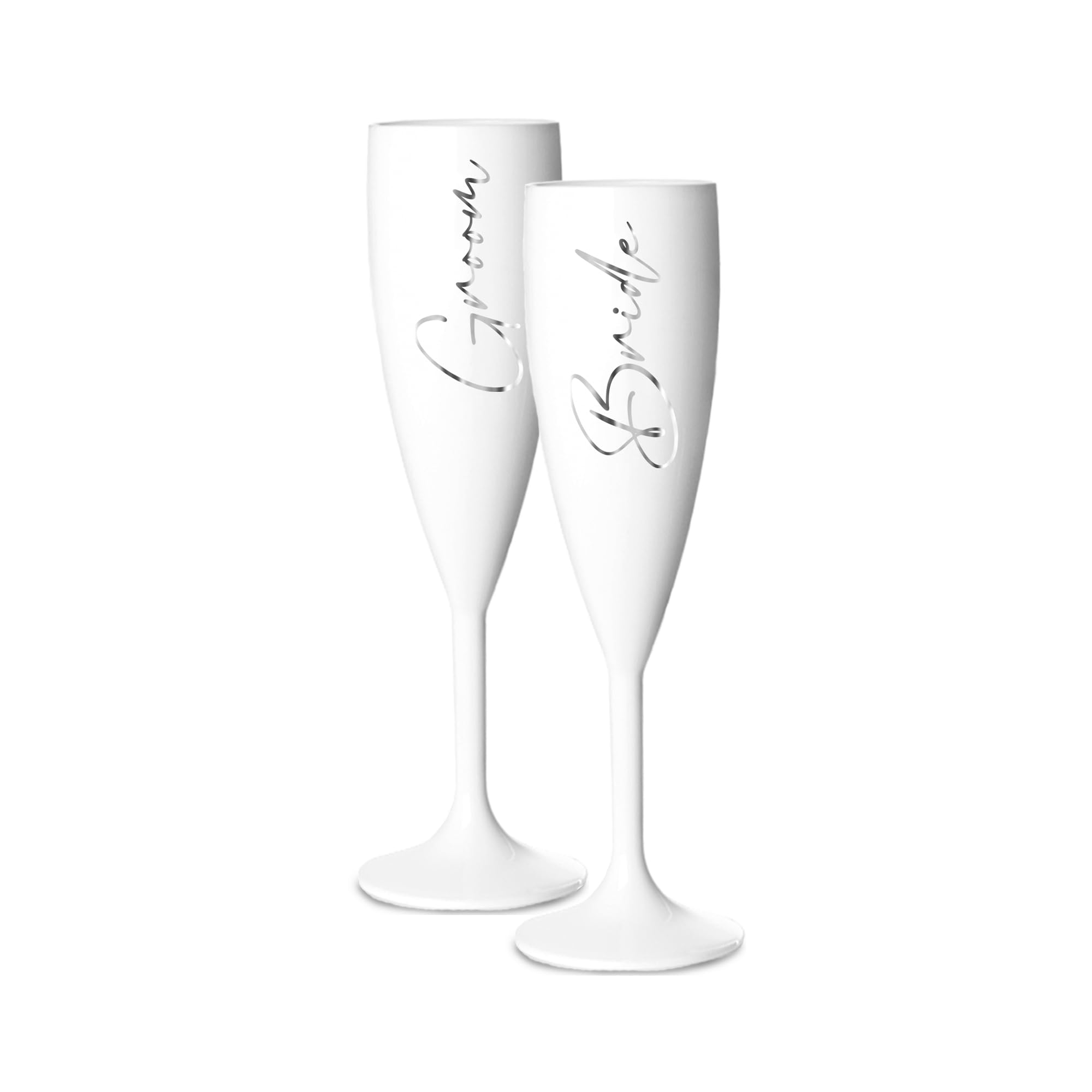 Print Maniacs Champagne Premium White Flute Glass Bride Groom Mr Mrs Wedding Maid Honour Wine Cocktail Prosecco Celebrations Gift (Silver, Bride + Groom Set)