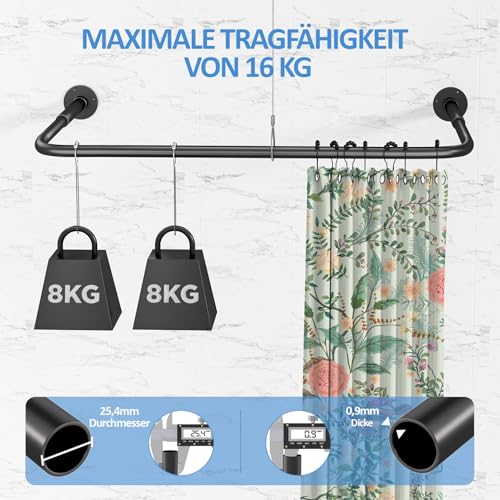 Duschvorhangstange U Form/L Form, [60-92] × [78-196] × [60-92] cm Verstellbare Duschstange Ecke mit 12 Vorhangringen & Deckenstütze für Badewanne/Badezimmer, Bohr-Montage Erforderlich, Schwarz