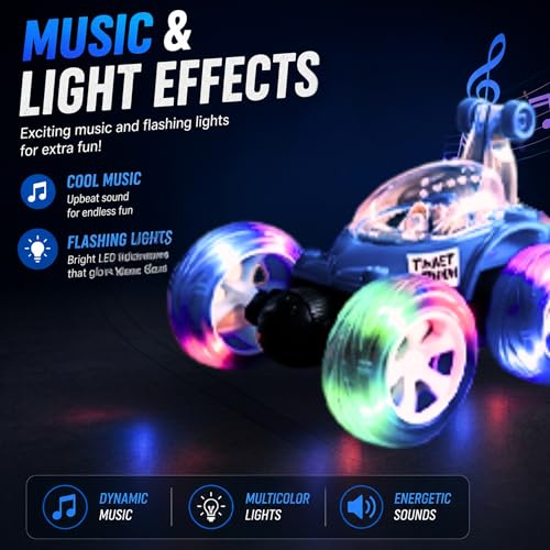 Image of USB Rechargeable 360 Remote Control Stunt Car Toy for Kids, Big Size 4WD RC Racing Car for Boy & Girls with RGB Lights Music,Anti-Skid Rubber Tires, Age 4+, Indoor Outdoor Play(9802 Blue)