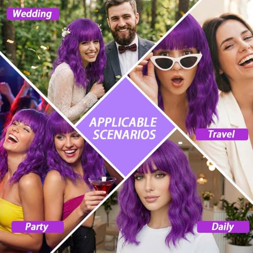 Image of Pastel Dark Purple Wavy Bob Wig for Women, Short Shoulder Length Synthetic Wig with Bangs, Matte Natural Realistic Look Lightweight Hairpiece, Purple Color for Daily Wear & Cosplay Costume