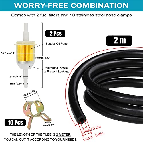 2 Meter Benzinschlauch Set, Kraftstoffleitung Kit Ø 5 mm mit 2 Stück Benzinfilter und 10 Benzinschlauch Schellen, Kraftstoffschlauch Dieselschlauch Ölschlauch für Kleine Motorrad, LKW, Auto, Roller