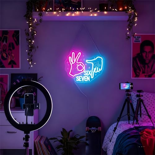 Image of 67 Neon Sign for Bedroom - Six Seven 6 7 Meme LED Wall Light | Pink Hand Gesture & Ice Blue Numbers, USB Dimmable, 13.8 inchx11.2 inch, TikTok Viral Room Decor, Gen Alpha Teens