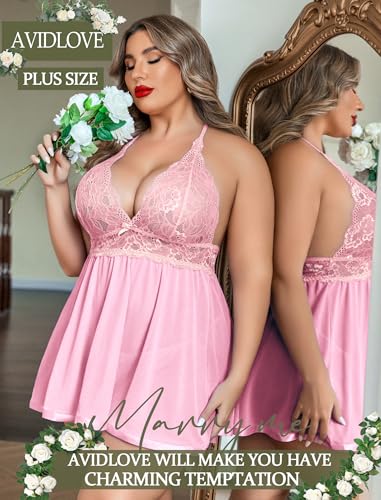 Image of Avidlove Women Plus Size Babydoll Lingerie Lace Chemise Mesh Sleepwear | Sexy Plus-sized Teddies V Neck Sheer Mesh Lace Babydoll Lingerie Dress Teddy Chemise Nighty Sleepwear L-5XL