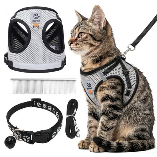 CUEMOON Pettorina e Guinzaglio per Cani, Pettorina Riflettente per Cuccioli, Set di imbracatura e guinzaglio per cuccioli, gatti e gattini (Grigio, S)