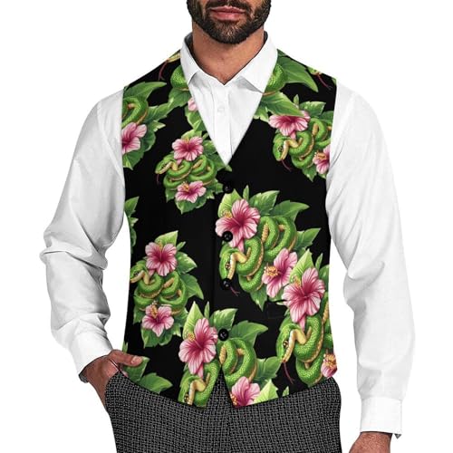 Green Snakes Flowers Men's Suit Vests Business Formal Dress Vest V-Neck Waistcoat for Wedding Casual