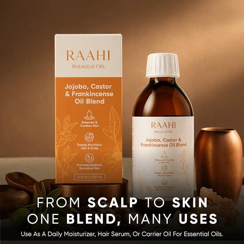 Image of RAAHI Jojoba Oil, Castor Oil and Frankincense Oil Blend for Hair and Skin, 8.45 fl oz / 250 ml, Botanical Moisturizer for Scalp, Face, Body and Hair