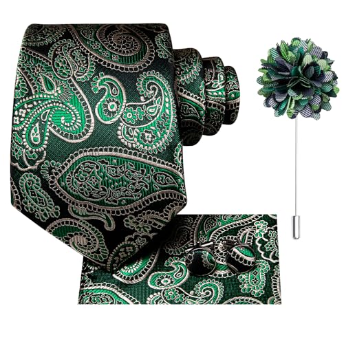 Image of Hi-Tie Men Silk Ties Set with Flower Lapel Pin Necktie Pocket Square Cufflinks for Tuxedo Wedding Business