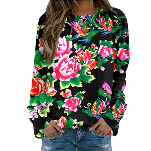 Sweatshirt femme col rond DONGBEI noir XL avec imprimé grande fleur