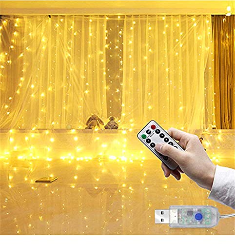 LED Guirlande sans crochet, Guirlande lumineuse LED rideau de 3M long (1m/2m/3m haut), led bande, bandeau pour décoration de fête de mariage et noël, télécommande USB, (3mx2m, Blanc chaud)