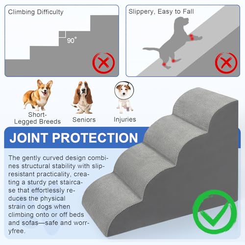 Image of Dog Stairs for Bed 28.7 inchH, 4 Extra Deeper Ramp /Steps for Small Dogs & Cats to get on High Bed or Couches, Grey