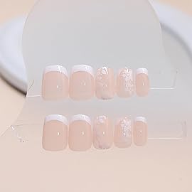 RTKHFZE Press on Nails French Tip Short Fake Nails Square Acrylic Nails with Cute Flower Designs Artificial Pink False Nails Stick on Nail for Women Manicure 24Pcs