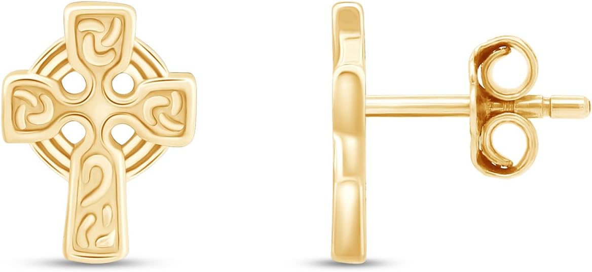 14k Gold Over Sterling Silver Plain Metal Celtic faith cross stud earrings For Womens