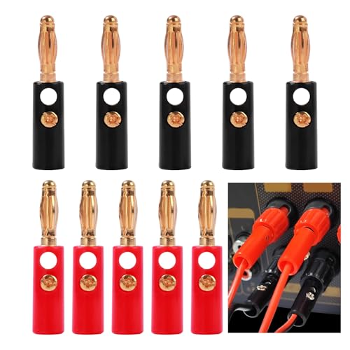 KenHLun 10Pcs Banana Plugs 4mm Gold Plated Speaker Wire Connectors for Amplifiers Home Theater Video Wall Plate Sound Systems 5 Red and 5 Black