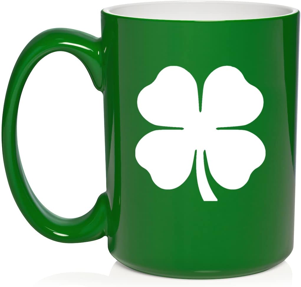 4 Leaf Clover Shamrock Ceramic Coffee Mug Tea Cup Gift for Her, Sister, Wife, Friend, Coworker, Boss, Mom, Girlfriend, Husband, St. Patrick's Day, Birthday, Housewarming, Cute, Wedding (15 oz Green)