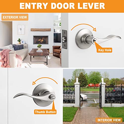 Neutype 1 Pack Satin Nickel Front Door Handle With Lock And Key, Entry Door Lockset, Wave-Like Lever, Compatible With Right & Left Handed Doors, Keyed Entry Lock For Home, Office Or Hotels #TOP2