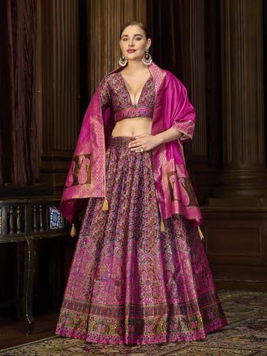 Image of PURVAJA Women's Kanjiwaram Semi-Stitched Lehenga choli