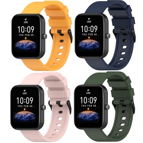 QHBAMD Bandas de silicona compatibles con Amazfit Bip 3 Pro/Bip 3/Bip U Pro/Bip U/Bip S/ Bip Lite/Bip S Lite/Amazfit GTR de 42 mm, paquete de 4 pulseras de repuesto suaves de 20 mm (azul medianoche +