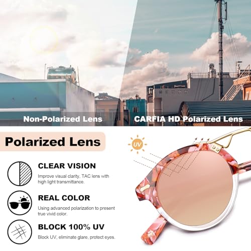 Image of CARFIA Small Face Acetate Polarized Sunglasses for Women UV Protection, Retro Double Bridge Eyewears Metal Brow Round Sunnies