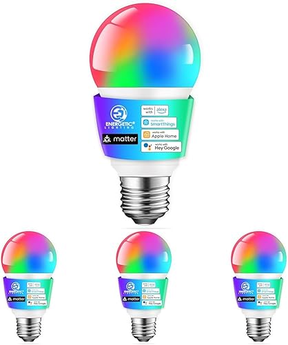 Las bombillas energéticas funcionan con AlexaApple HomeGoogle HomeSmartThings, Matter Smart A19, bombillas inteligentes E26 RGB, equivalente a 60 W,