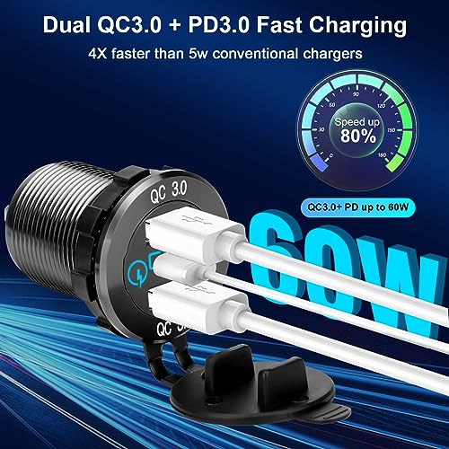 12V 60W USB C Car Charger Socket, 30W PD Type-C & 30W Dual QC 3.0 USB Socket Port, 12V 24V USB Outlet Quick Charge Socket with Touch Switch for Car RV Boat Marine Motorcycle Truck Golf Cart, Black