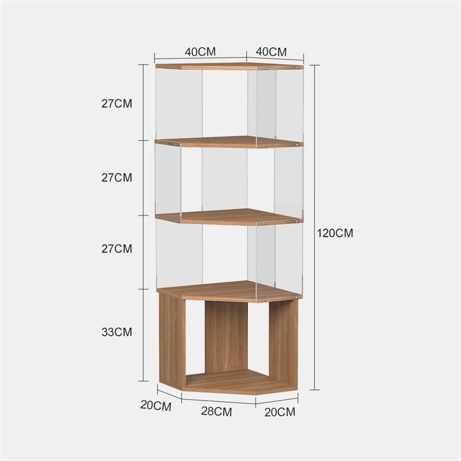 Vitrinenregale Mehrzweck-Bücherregal mit 4 Ebenen aus Acryl und Holz for die Wohnzimmerecke freistehend