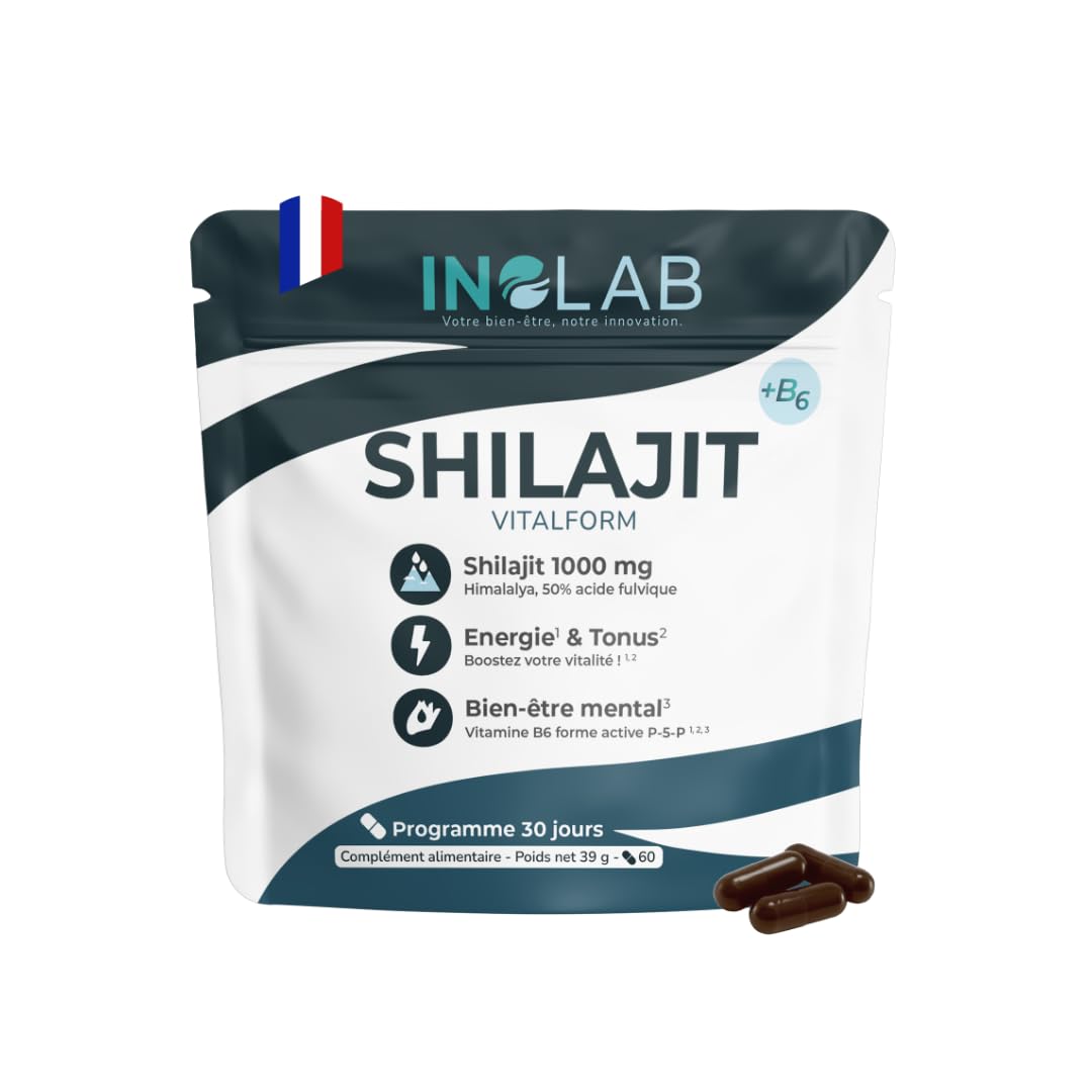 INOLAB Shilajit Pur de l’Himalaya 1000 mg, hautement dosé en acides fulviques (50%) et humiques I Énergie, boost metabolisme et bien‑être mental I 60 gélules vegan Fabriqué en France