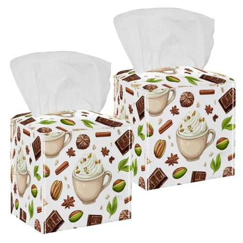 Paquete de 2 fundas para caja de pañuelos de chocolate caliente de pistacho, vainilla y canela, soporte de pañuelos faciales para baño, tocador, mesita de noche, salones y oficinas