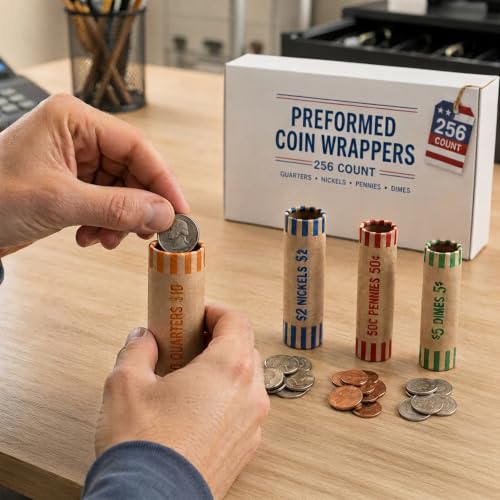 Image of PM Company 256 Pcs Preformed Coin Wrappers Rolls Assorted ABA Color-Coded