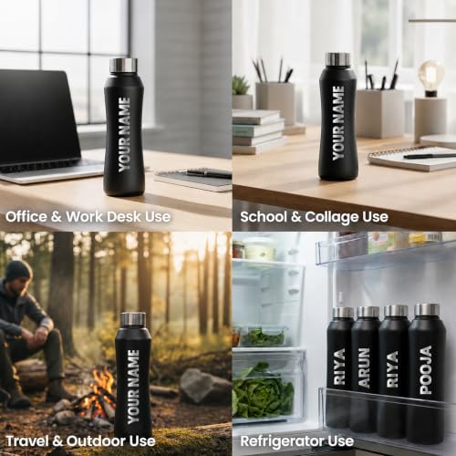 Image of Speedex Customised Stainless Steel Water Bottle 1 Ltr with Engraved Name - Personalised Screw Lid Bottle for Kids, Men & Women, School, Office, Gym, Black, Set of 1
