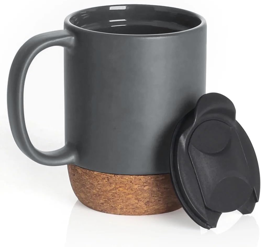 Reusable Ceramic Travel Mug with Handle and Lockable Lid & Heat Proof Cork Base - Spill Proof, Refrigerator Safe, Heat Resistant Coffee Mug - Dark Grey