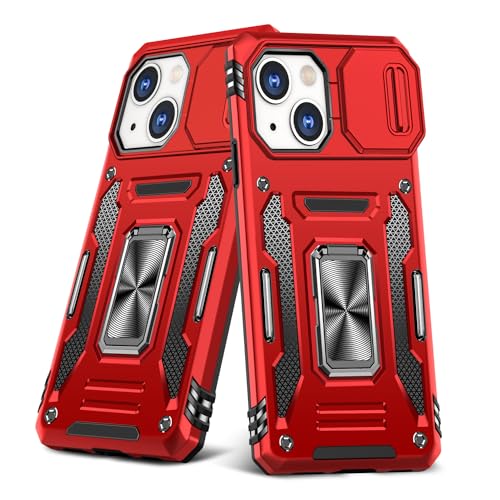 iPhone 15 用 ケース リング付き スライド式カメラカバー 耐衝撃 スタンド機能 車載ホルダー レンズ保護 アイフォン15 用スマホケース PC TPUバンパー 防塵 人気 落下防止 滑り止め 指紋防止 携帯カバー 赤 K90